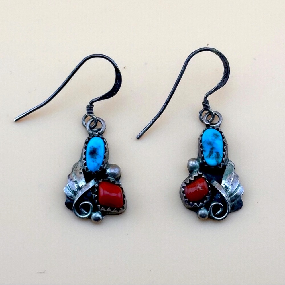 Vintage Coral & Turquoise Silver Dangle Pierced Earrings In the Navajo Style